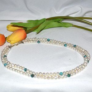 Freshwater Pearl and Turquoise Bead Necklace.